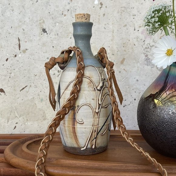 Vintage Studio Pottery Ceramic Bottle With Braided Leather Strap